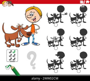 Cartoon illustration of finding the right picture to the shadow educational activity with boy and his dog Stock Vector