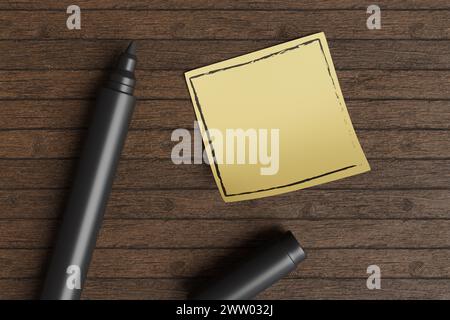 Yellow sticky note and black bold ink pen on a wooden table. Illustration as copy space for web design templates and slide show presentations Stock Photo
