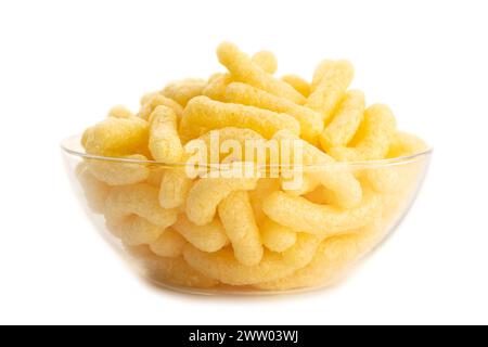 Corn sticks in glass bowl isolated on white background. Stock Photo