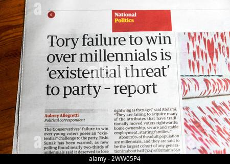 'Tory failure to win over millennials is 'existential threat' to party - report' Guardian newspaper headline 2024 election article 20 May 2023 UK Stock Photo