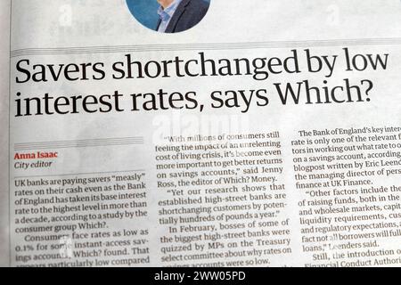 'Savers shortchanged by low interest rates, says Which?' magazine Guardian newspaper headline Bank of England article 30 May 2023 London UK Stock Photo