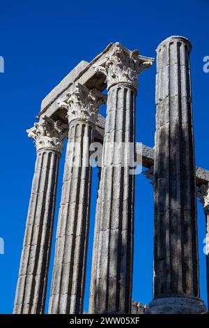 Portugal, Alentejo Region, Évora, The Roman Temple of Évora (Templo Romano de Évora) showing Corinthian Columns and Architrave Stock Photo