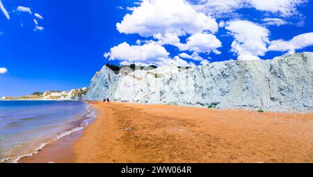 Best scenic beaches of Cephalonia (Kefalonia) island - colorful orange Xi beach. Ionian islands of Greece Stock Photo