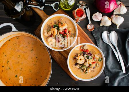 Bowls of Rustic Seafood Soup with Creamy Tomato Broth: Bowls of soup with a pot, bottle of white wine, and other ingredients viewed from above Stock Photo