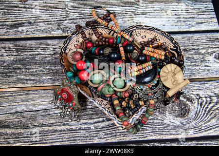 Traditional African tribal colorful necklaces and bracelets, made by natural materials, private collection from Uganda, Kenya, Cameroon and Senegal Stock Photo