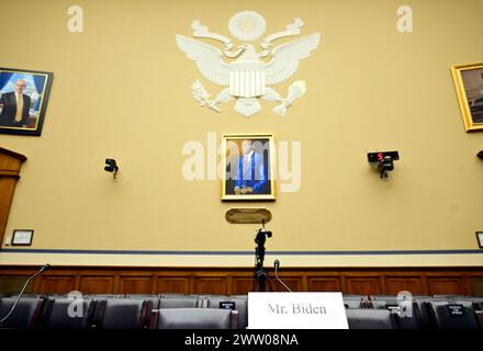 Washington, United States. 20th Mar, 2024. Empty seat reserved for Hunter Biden prior to the United States House Committee on Oversight and Accountability hearing titled ‘Influence Peddling: Examining Joe Biden's Abuse of Public Office' in the Rayburn House Office Building on Capitol Hill in Washington, DC, USA, on Wednesday, March 20, 2024. Photo by Ron Sachs/CNP/ABACAPRESS.COM Credit: Abaca Press/Alamy Live News Stock Photo