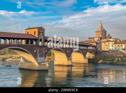 Ponte Coperto or covered bridge over Ticino river in Pavia, Lombardy, italy. Stock Photo