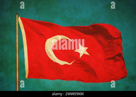 Grunge image of Turkish flag waving in the sky. Stock Photo