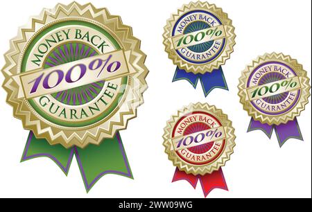 Set of Four Colorful 100% Money Back Guarantee Emblem Seals With Ribbons. Stock Vector