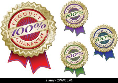 Set of Four Colorful 100% Product Guarantee Emblem Seals With Ribbons. Stock Vector
