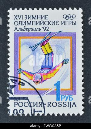 Cancelled postage stamp printed by Russia, that shows Freestyle Skiing,  Winter Olympic Games 1992 - Albertville, circa 1991. Stock Photo