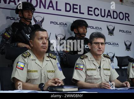 GYE-PLAN FICE Guayaquil, miercoles 20 de marzo del 2024 Mediante rueda de prensa la Policia Nacional dio detalles sobre la puesta en marcha del plan Fuerza Investigativa Contra la Extorsion , FICE. En la grafica general de Distrito Freddy Sarzosa, director general de investigaciones, General Victor Herrera, comandante de la zona 8 y Crnl. Marco Narvaez, sub comandante zona 8. Fotos:CÃ sar Munoz/API Guayaquil Guayas Ecuador CLJ-GYE-PLANFICE-0b79e9c2b4a5b7359d895fbcda3be64f *** GYE PLAN FICE Guayaquil, Wednesday, March 20, 2024 Through a press conference the National Police gave details about th Stock Photo