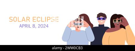 Solar eclipse 2024 diverse people watching vector illustration Stock Vector