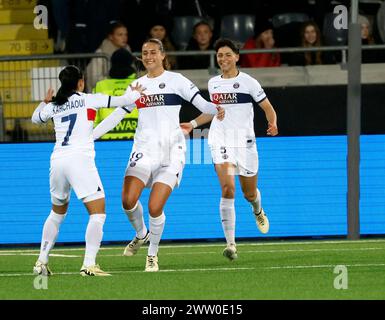 Gothenburg, Sweden. 20th Mar, 2024. GOTHENBURG, SWEDEN 20240320Eva Gaetino of PSG (middle) celebrates scoring 0-1 with team mates Sakina Karchaoui and Elisa De Almeida during the first quarter final in UEFA Women's Champions League between Häcken and Paris Saint-Germain at Hisingen Arena, Gothenburg, Sweden 20 March 2024. Foto: Adam Ihse/TT/Kod 9200 Credit: TT News Agency/Alamy Live News Stock Photo