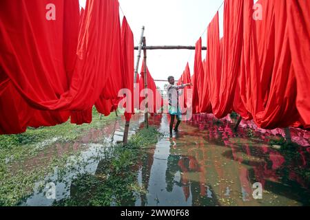 Bangladeshi workers collect fabric after drying them under the sun at a dyeing factory in Narayanganj, near Dhaka, Bangladesh, on March 20, 2024. Stock Photo