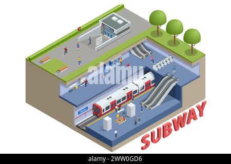 Isometric subway station platform. Included underground train, station. Subway station, railway rapid transit system, metro platform Underground Stock Vector