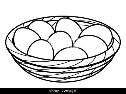 eggs in a wicker basket bowl, black and white illustration Stock Vector