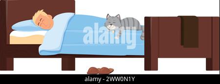 Man sleep in bed with gray cat. Cozy relax at home Stock Vector