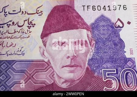 Portrait of state founder Muhammad Ali Jinnah on Pakistan Rupee currency banknote Stock Photo