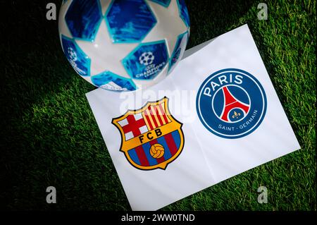 PARIS, FRANCE, MARCH. 16. 2024: Paris Saint-Germain (FRA) vs FC Barcelona (ESP). Quarter Finals of football UEFA Champions League 2024 in Europe. Logo Stock Photo
