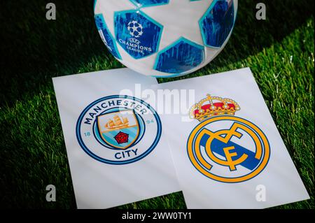 PARIS, FRANCE, MARCH. 16. 2024: Real Madrid (ESP) vs Manchester City (ENG) Quarter Final of football UEFA Champions League 2024 in Europe. Logo of the Stock Photo