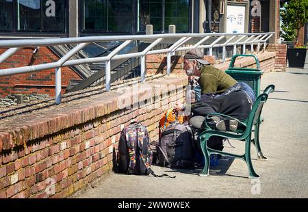 A man seated on a bench on a sidewalk staring pensively over a brick wall, his companion is resting on the bench.  In front of him are backpacks. Stock Photo