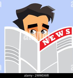 Man reading newspaper, flat vector cartoon illustration Stock Vector