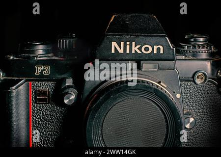 A Nikon F3 single lens reflex film camera is seen in this illustration photo on 20 March, 2024 in Warsaw, Poland. Stock Photo