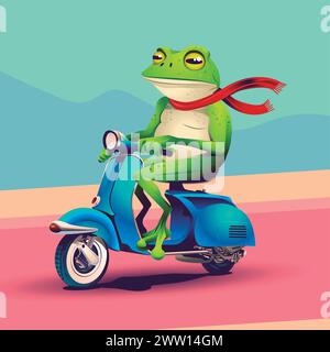 Frog on a blue scooter. Vector illustration. funny cute cartoon. Stock Vector