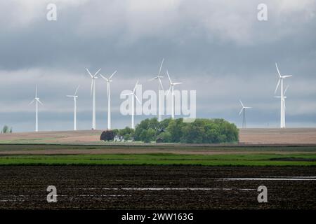 Joice; Iowa. Wind turbines surround a farm that has a wind break of trees on a cloudy day. Stock Photo