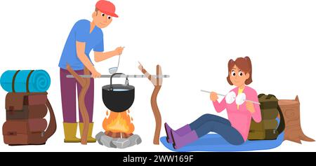 Camping nature scene. People cooking food outdoor Stock Vector