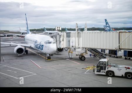 Anchorage, Alaska. Alaska airlines at the loading/departure gate in the Ted Stevens Anchorage International Airport. Stock Photo