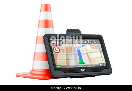 GPS navigation device with traffic cone, 3D rendering isolated on white background Stock Photo