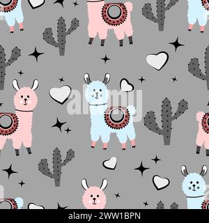 Seamless pattern with alpacas on a gray background Stock Vector