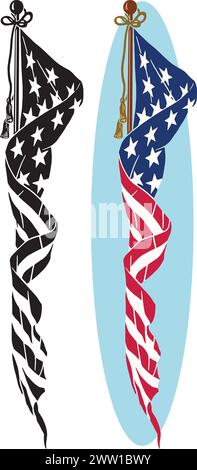 A vintage retro cartoon of an American flag bunched up around a flagpole. Stock Vector