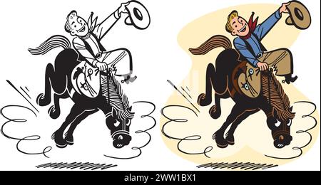 A vintage retro cartoon of a cowboy riding a bucking bronco. Stock Vector