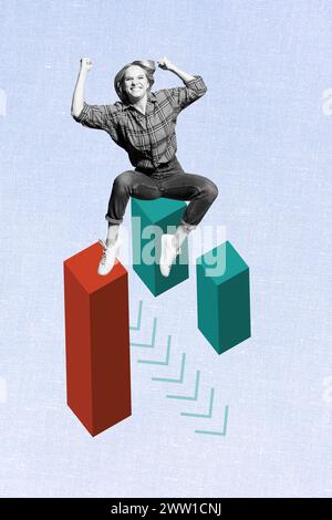 Sketch image composite trend artwork photo collage of emotion excited lady raise fist hands up in air sit on block arrow show direction Stock Photo