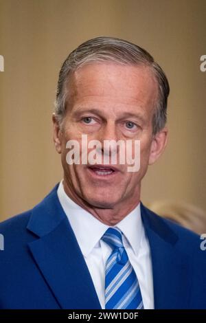Senate Minority Whip John Thune (Republican of South Dakota) offers remarks during a press conference following the Senate Republican policy luncheon in the Ohio Clock corridor at the United States Capitol in Washington, DC, Wednesday, March 20, 2024. Credit: Rod Lamkey/CNP Stock Photo