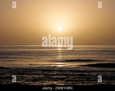 La Calima event, large plumes of Saharan dust blown over from the Sahara Desert in Northwest Africa, sunrise at Antigua, Fuerteventura, Canary Islands Stock Photo