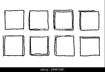 Set of hand drawn square frames. Vector illustration isolated on white background. Doodle вesign elements style. Stock Vector
