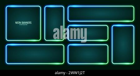 Glowing neon banners, illuminated colorful square frames. Shiny vibrant border, glow effect. Azure vintage retro lights, night illumination. Modern Stock Vector
