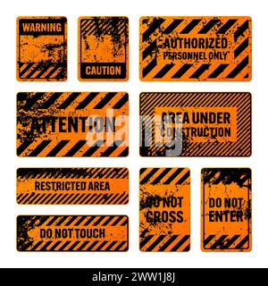 Orange grunge warning signs with diagonal lines. Old attention, danger or caution sign, construction site signage. Realistic notice signboard, warning Stock Vector