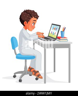 Arab school kid studying with laptop. Cartoon vector illustration. Stock Vector