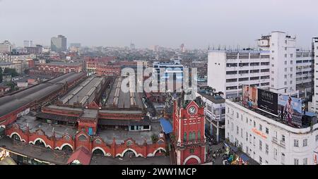 Panoramic view of the sprawling Victorian Gothic New Market complex from Lindsay Street, with the historic clock tower in the foreground, Kolkata Stock Photo