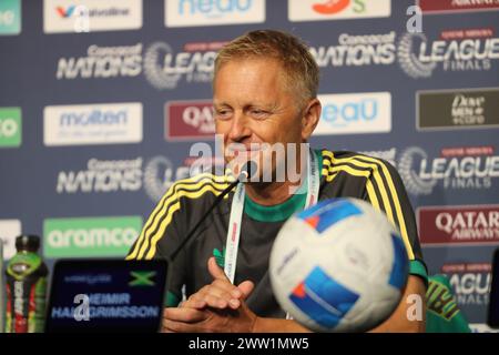 Arlington, Texas, USA. 20th Mar, 2024. HEIMIR HALLGRIMSSON, Jamaica's national football team manager addresses the media on Wednesday at AT&T Stadium in Arlington, Texas. The press conference was held the day before two soccer matches are to be held at AT&T Stadium. The first of the two matches will see USA vs Jamaica at 6:00 pm CST followed by Panama vs Mexico at 9:15 pm CST. There will be four more matches. The first two matches sees Canada vs Trinidad and Tobago at 3:00 pm CST followed by Costa Rica vs Honduras at 6:15 pm CST on Saturday, March 23 at Toyota Stadium in Frisco, Texas. Th Stock Photo