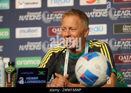 Arlington, Texas, USA. 20th Mar, 2024. HEIMIR HALLGRIMSSON, Jamaica's national football team manager addresses the media on Wednesday at AT&T Stadium in Arlington, Texas. The press conference was held the day before two soccer matches are to be held at AT&T Stadium. The first of the two matches will see USA vs Jamaica at 6:00 pm CST followed by Panama vs Mexico at 9:15 pm CST. There will be four more matches. The first two matches sees Canada vs Trinidad and Tobago at 3:00 pm CST followed by Costa Rica vs Honduras at 6:15 pm CST on Saturday, March 23 at Toyota Stadium in Frisco, Texas. Th Stock Photo