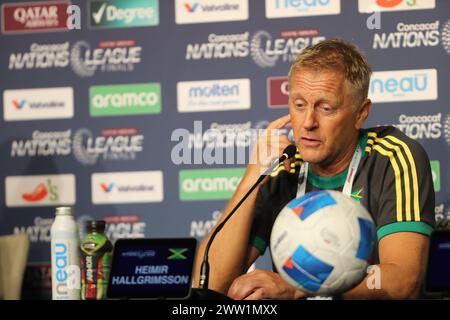 Arlington, Texas, USA. 20th Mar, 2024. HEIMIR HALLGRIMSSON, Jamaica's national football team manager addresses the media on Wednesday at AT&T Stadium in Arlington, Texas. The press conference was held the day before two soccer matches are to be held at AT&T Stadium. The first of the two matches will see USA vs Jamaica at 6:00 pm CST followed by Panama vs Mexico at 9:15 pm CST. There will be four more matches. The first two matches sees Canada vs Trinidad and Tobago at 3:00 pm CST followed by Costa Rica vs Honduras at 6:15 pm CST on Saturday, March 23 at Toyota Stadium in Frisco, Texas. Th Stock Photo