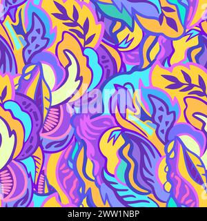 Colorful seamless pattern with chaotic floral and psychedelic abstract elements. Vector illustration. Stock Vector