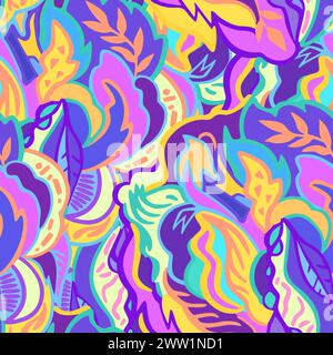 Colorful seamless pattern with chaotic floral and psychedelic abstract elements. Vector illustration. Stock Vector