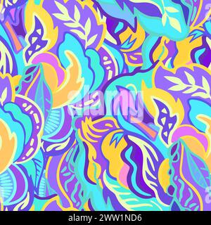 Colorful seamless pattern with chaotic floral and psychedelic abstract elements. Vector illustration. Stock Vector